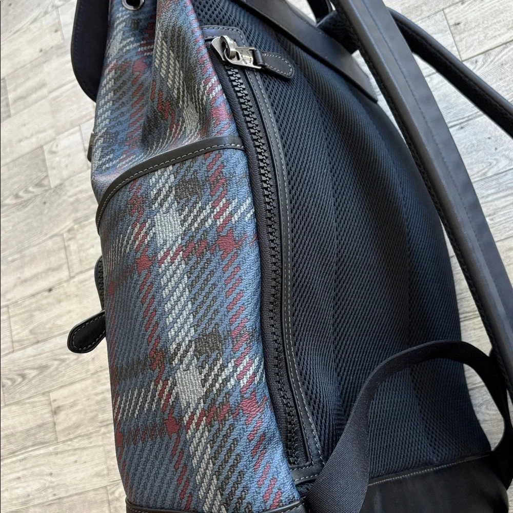 Coach Leather Backpack Blue Track Plaid Laptop Travel Carry On Bag Quiet Luxury‎